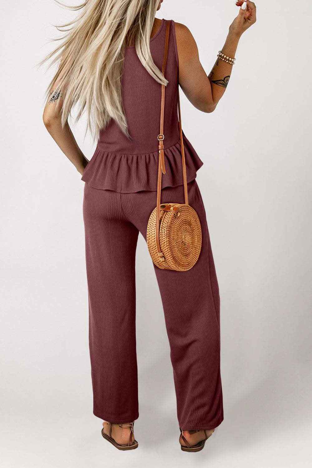 Red Dahlia Solid Color Ribbed Ruffle Tank Top and Pants Set