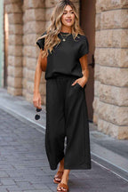 Parchment Solid Color Textured Short Sleeve Top and Casual Pants Set