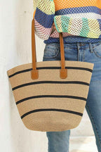 Black Straw Woven Striped Vacation One Shoulder Bag