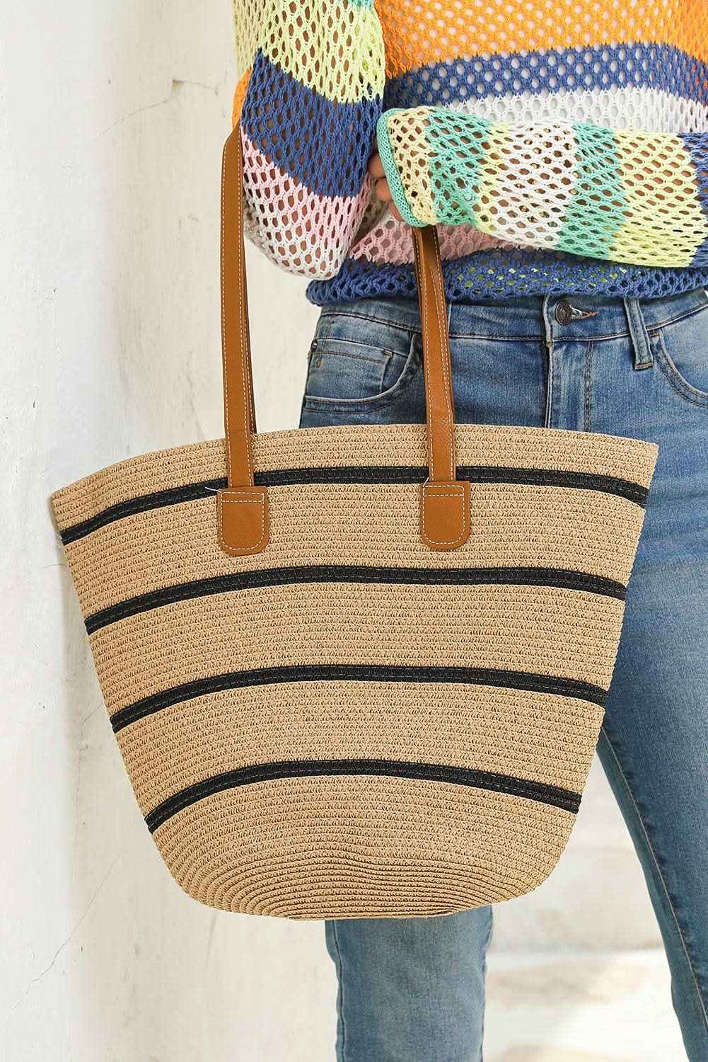 Black Straw Woven Striped Vacation One Shoulder Bag
