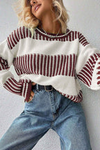 Light Blue Two Tone Striped Patchwork Drop Shoulder Loose Sweater