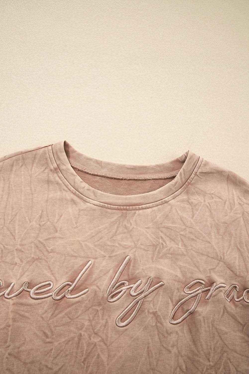 Sea Green saved by grace Letter Embroidery Mineral Wash Loose Sweatshirt