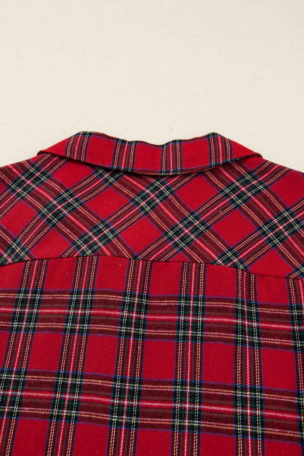 Red Plaid Contrast Patched Christmas Holiday Long Sleeve Shirt and Short 2pcs Pajama Set