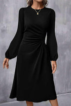 Black solid color ruched long sleeve midi dress with puff sleeves and bodycon fit