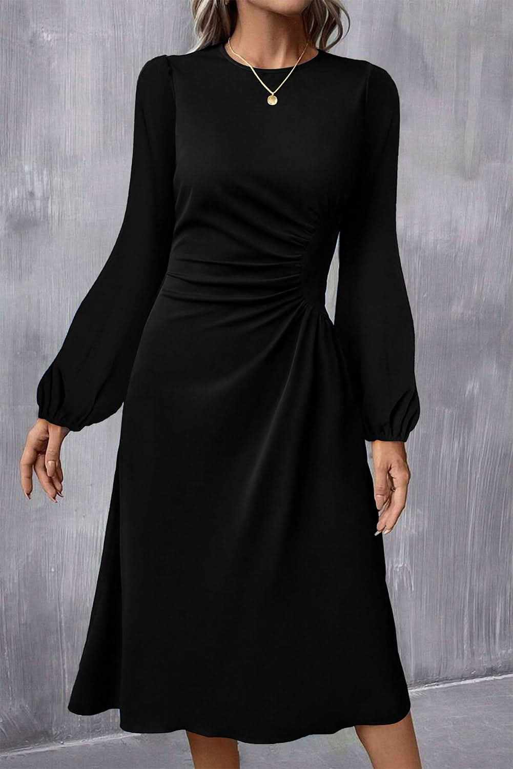 Black solid color ruched long sleeve midi dress with puff sleeves and bodycon fit