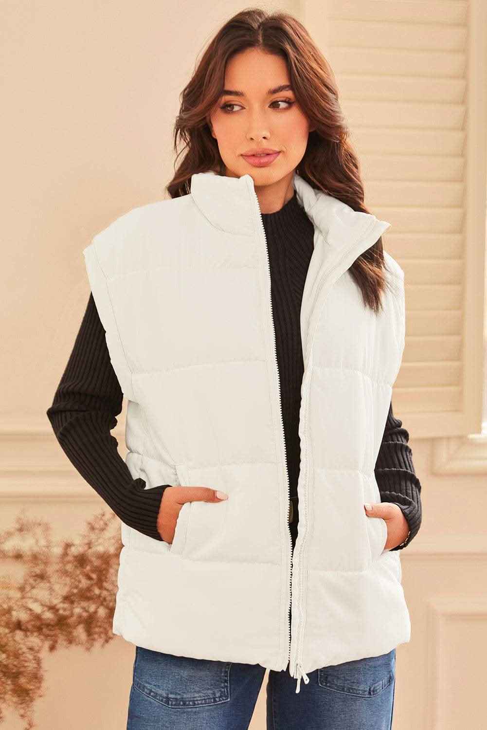 Black Solid Zipper Stand Neck Oversized Puffer Vest