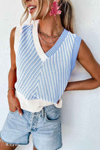 Sky Blue Contrast Chevron Knit V Neck Sweater Vest