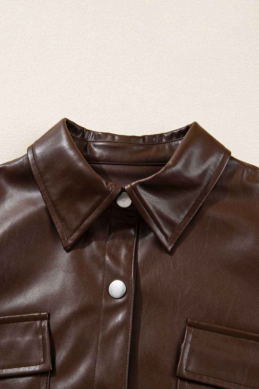 Chicory Coffee Double Flap Pocket Drawstring Hem Leather Jacket