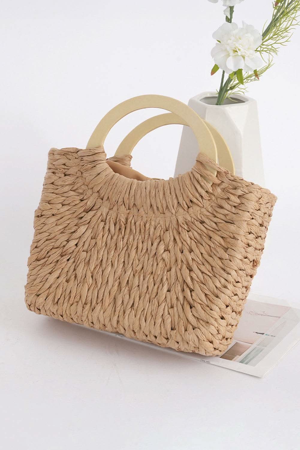 Camel retro straw woven bag with wooden handles and drawstring closure, compact size for daily essentials