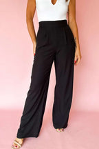 Black pleated detail pull on high elastic waist loose straight pants for women