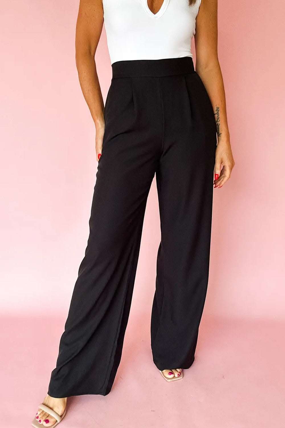 Black pleated detail pull on high elastic waist loose straight pants for women