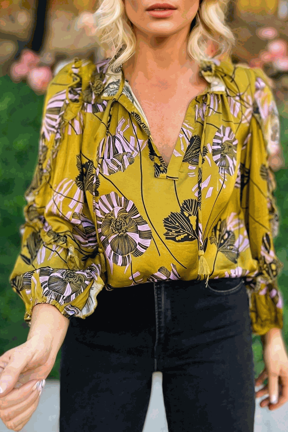 Yellow vintage floral V neck blouse with ruffle trim and long sleeves