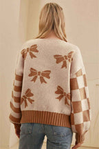 Straw Yellow Ribbon Bow Print Checkered Striped Sleeve Drop Shoulder Sweater
