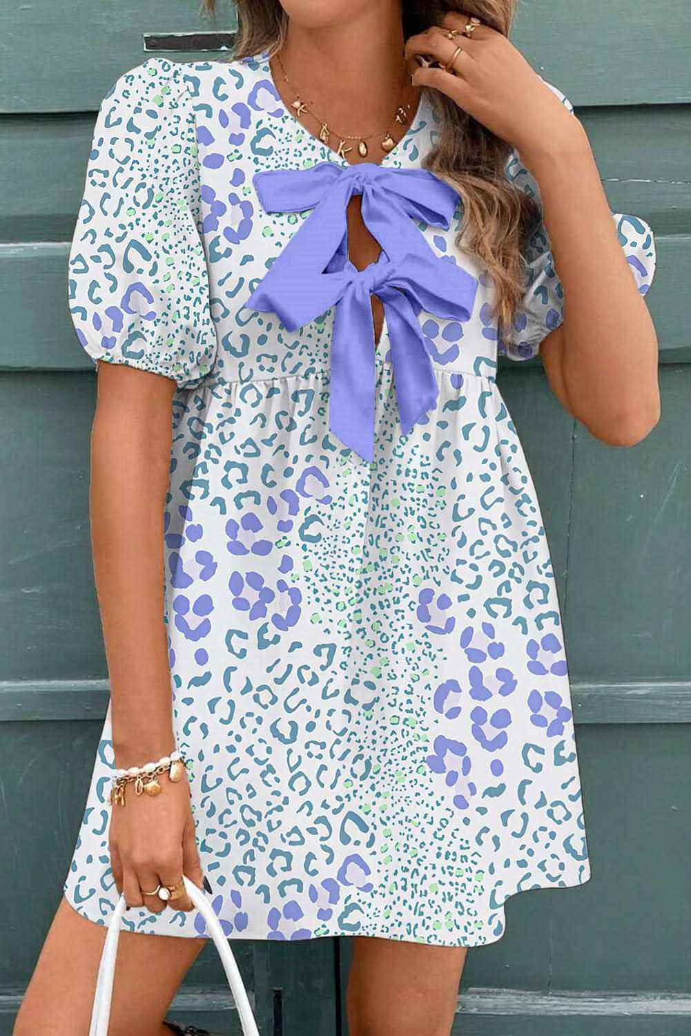 Sky Blue Floral Contrast Bow Puff Sleeve Mini Dress