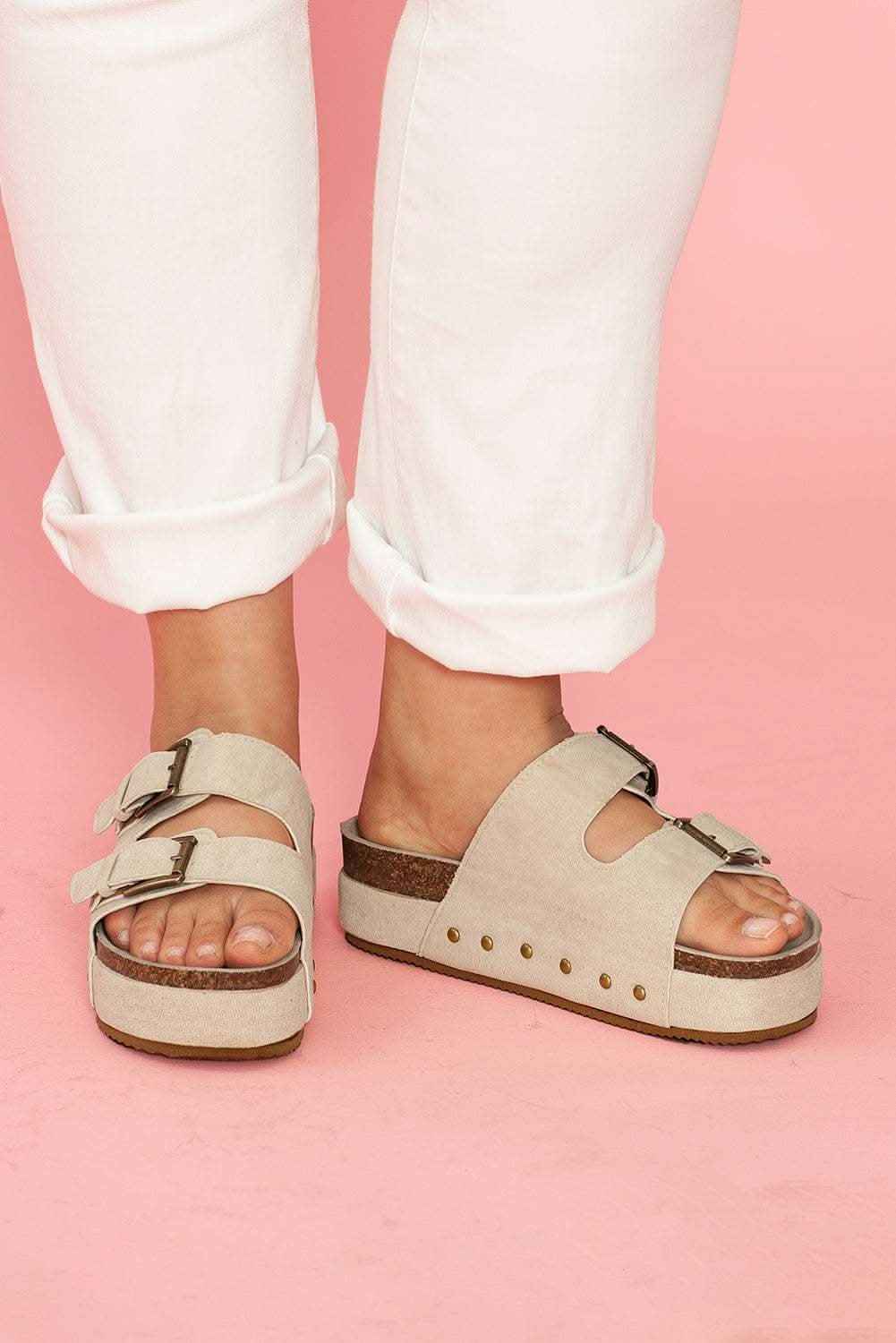 Beige Suede Buckle Decor Footbed Sandal Slippers