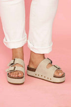 Beige Suede Buckle Decor Footbed Sandal Slippers
