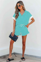 Black Stripe V Neck Tee and Casual Short Set