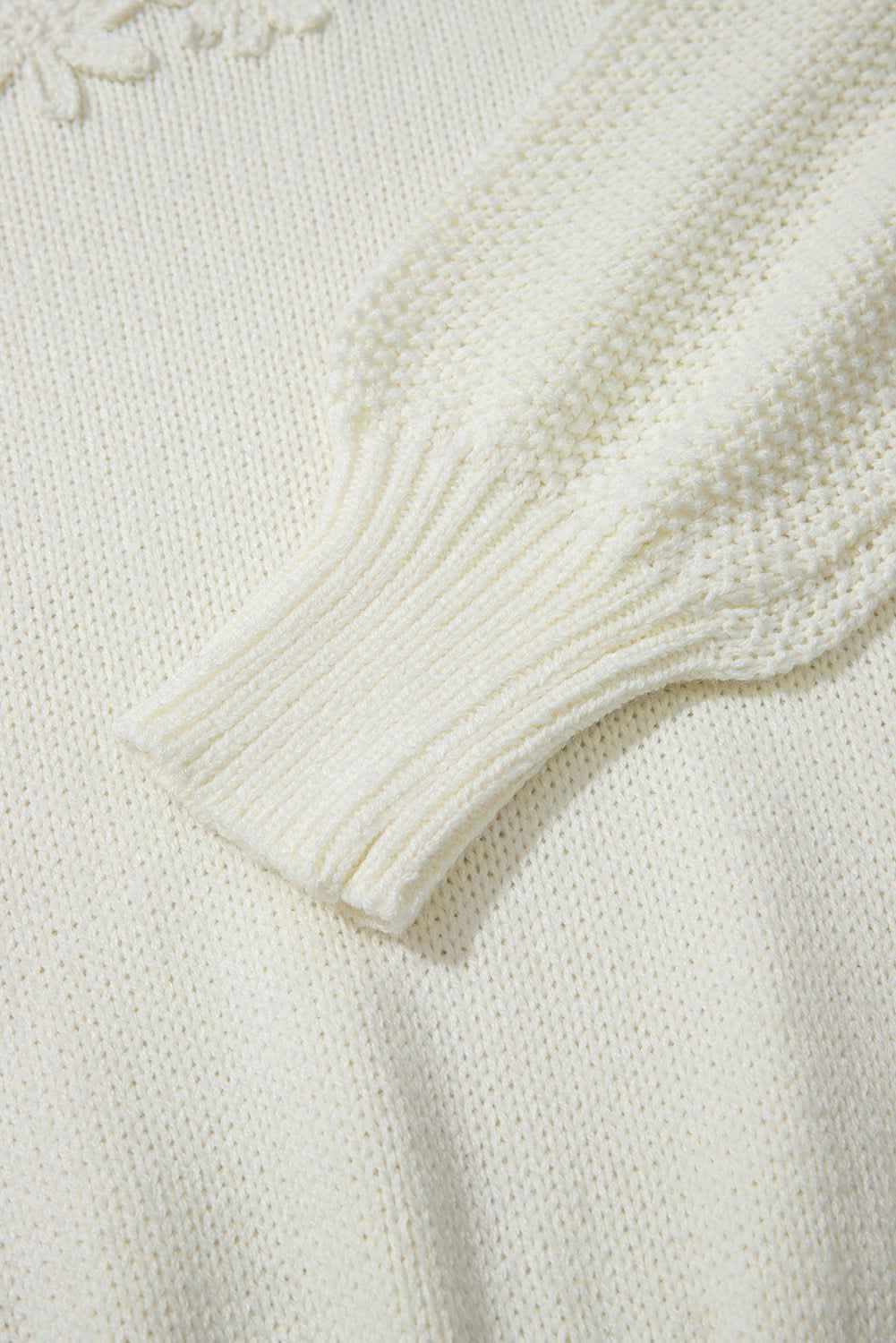 White Flower Detail Round Neck Contrast Textured Puff Sleeve Sweater