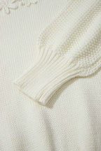 White Flower Detail Round Neck Contrast Textured Puff Sleeve Sweater