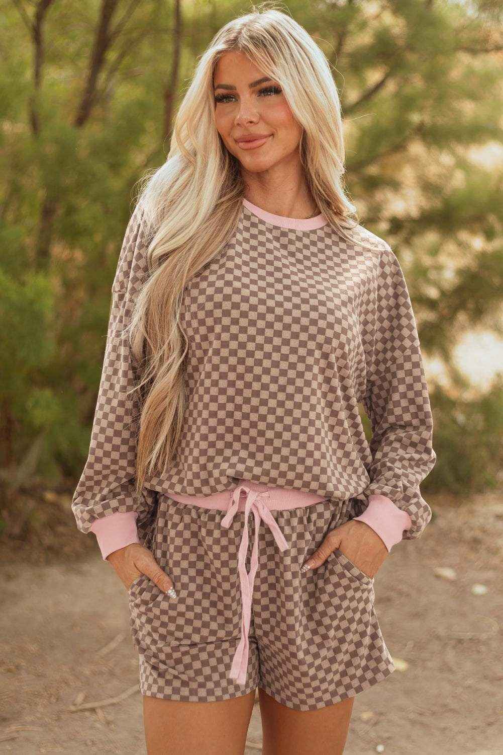 Sky Blue Checkerboard Long Sleeve Pullover and Shorts Set