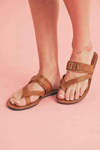 Chestnut Cross Toe Metal Buckle Leathered Flat Slippers