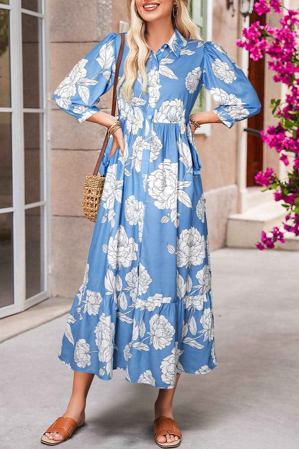 Sky Blue Floral Print Shirt Collar Button Down 3/4 Sleeve Ruffle Hem Long Dress