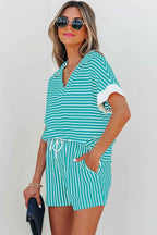 Black Stripe V Neck Tee and Casual Short Set