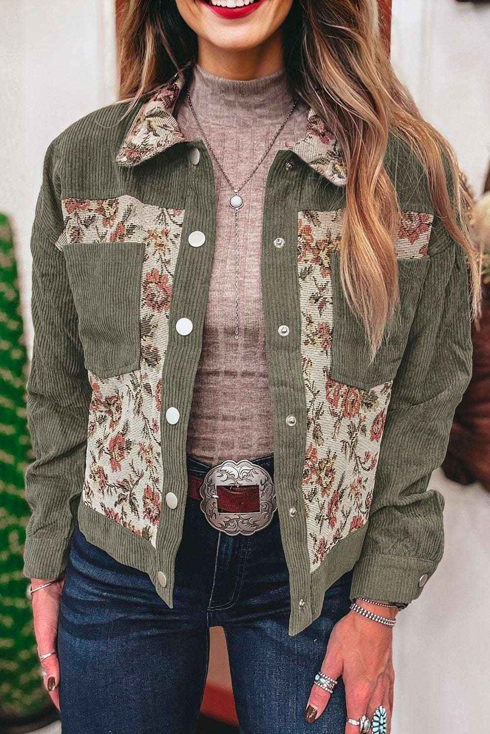 Clay Ribbed Retro Floral Patchwork Shirt Style Jacket