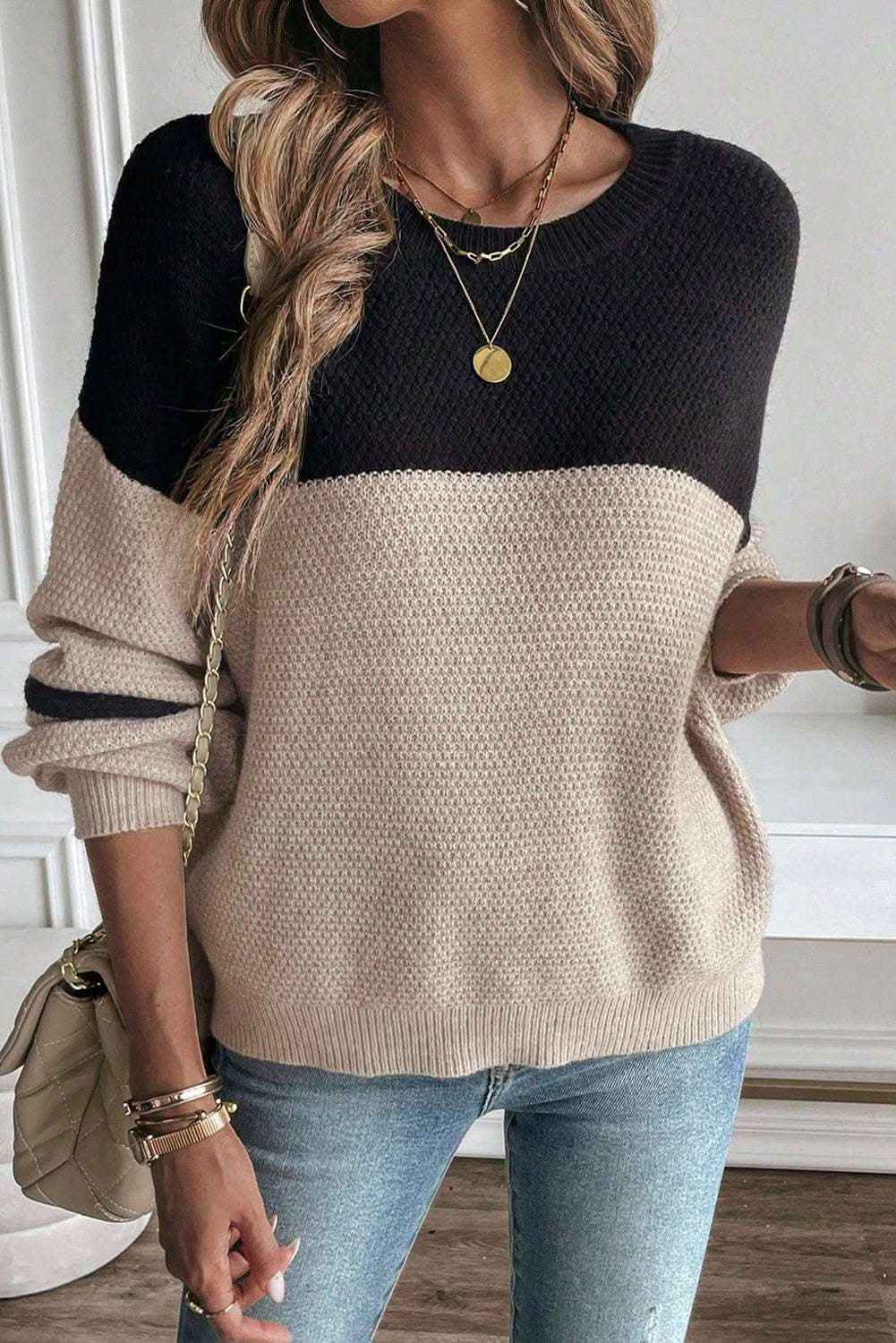 Dark Brown Color Block Knit Striped Sleeve Detail Casual Sweater