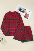 Red Plaid Contrast Patched Christmas Holiday Long Sleeve Shirt and Short 2pcs Pajama Set
