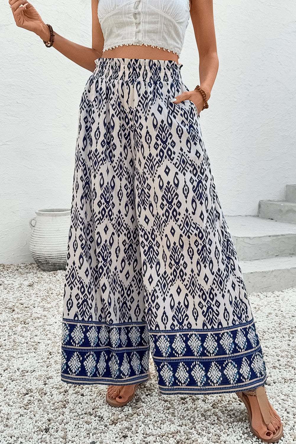 Wide leg loose pants with blue boho pattern print and high waist design