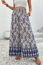 Wide leg loose pants with blue boho pattern print and high waist design