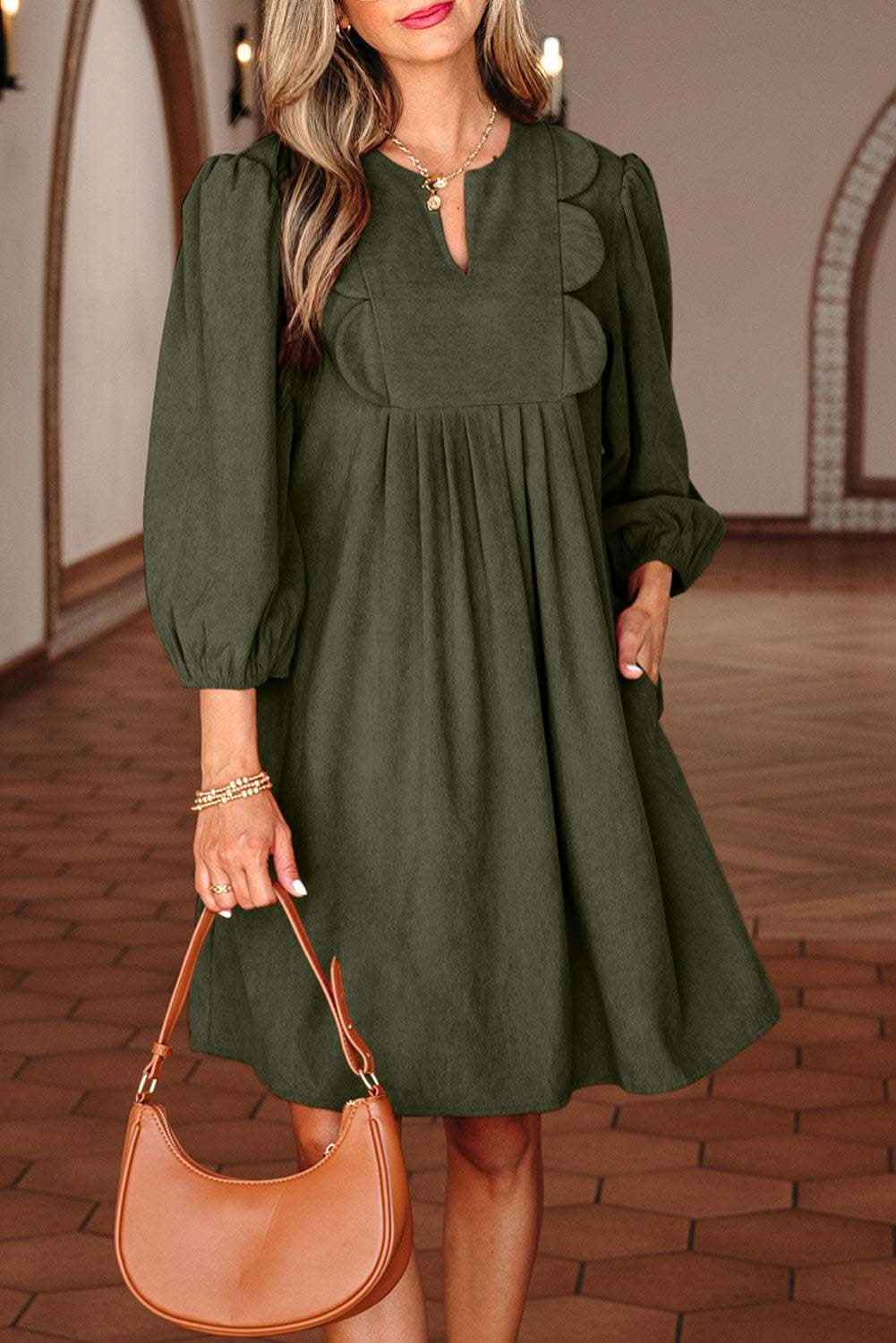 Cinnamon Bracelet Sleeve Split Neck Scallop Detail Pleated Corduroy Mini Dress