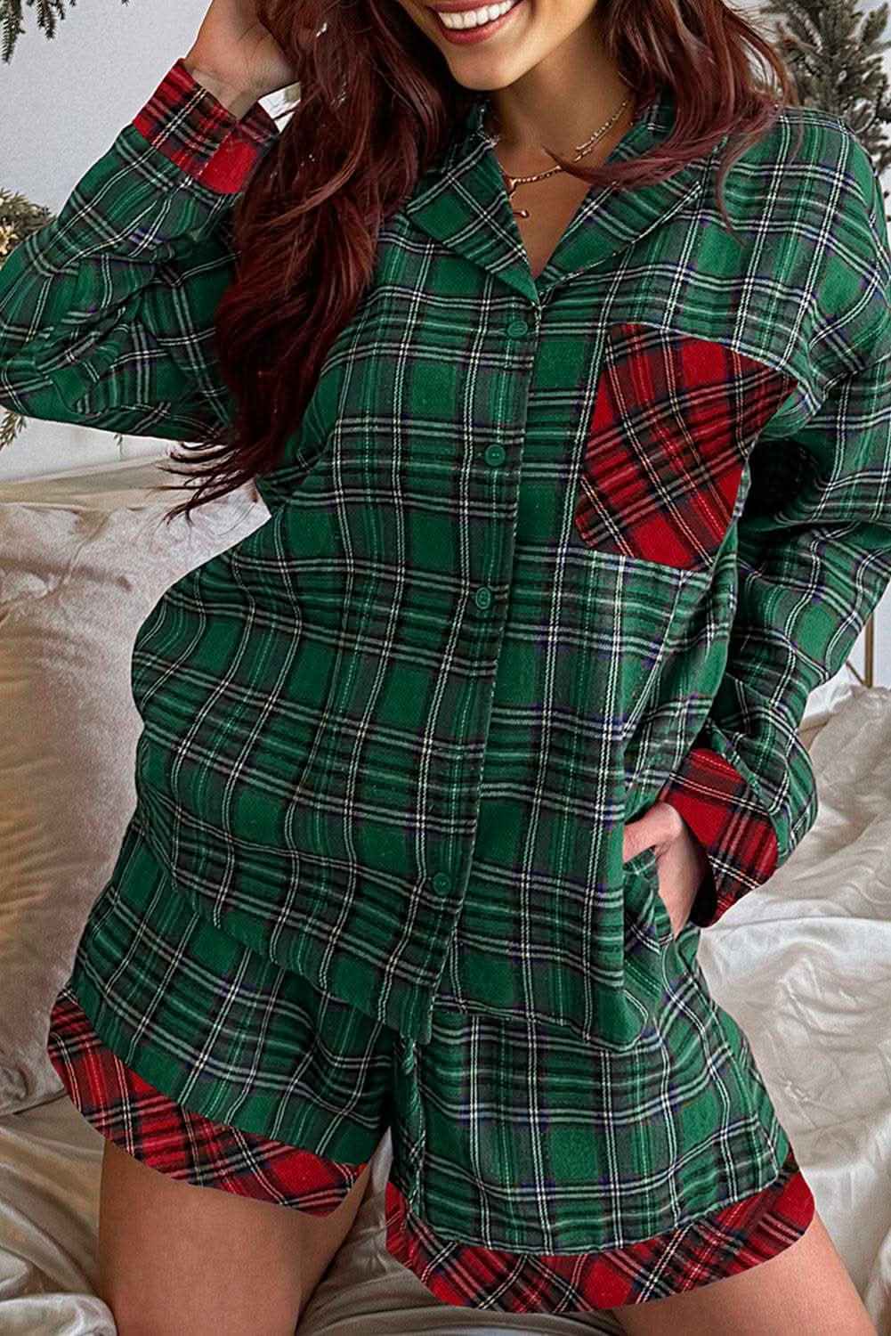 Red Plaid Contrast Patched Christmas Holiday Long Sleeve Shirt and Short 2pcs Pajama Set