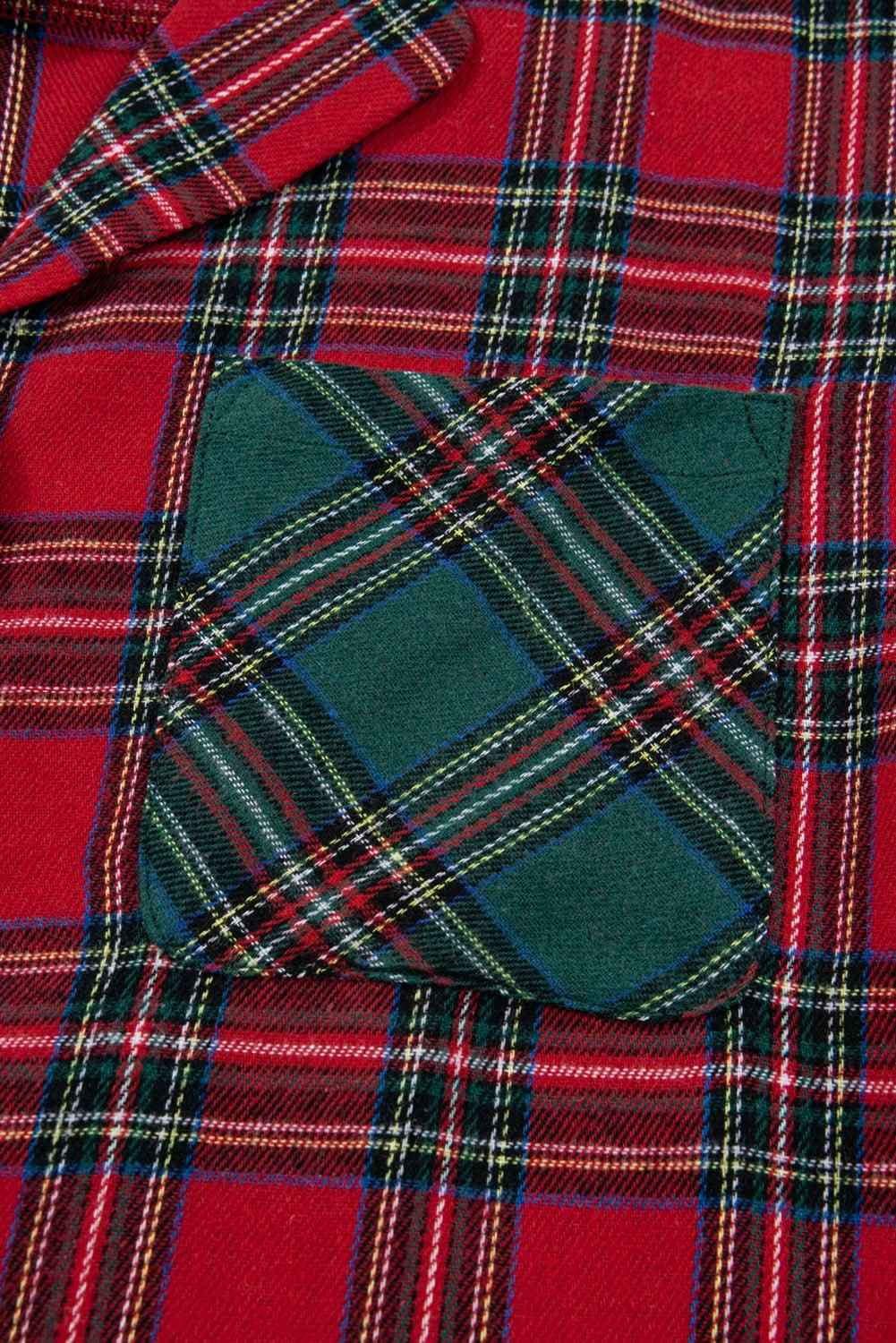 Red Plaid Contrast Patched Christmas Holiday Long Sleeve Shirt and Short 2pcs Pajama Set