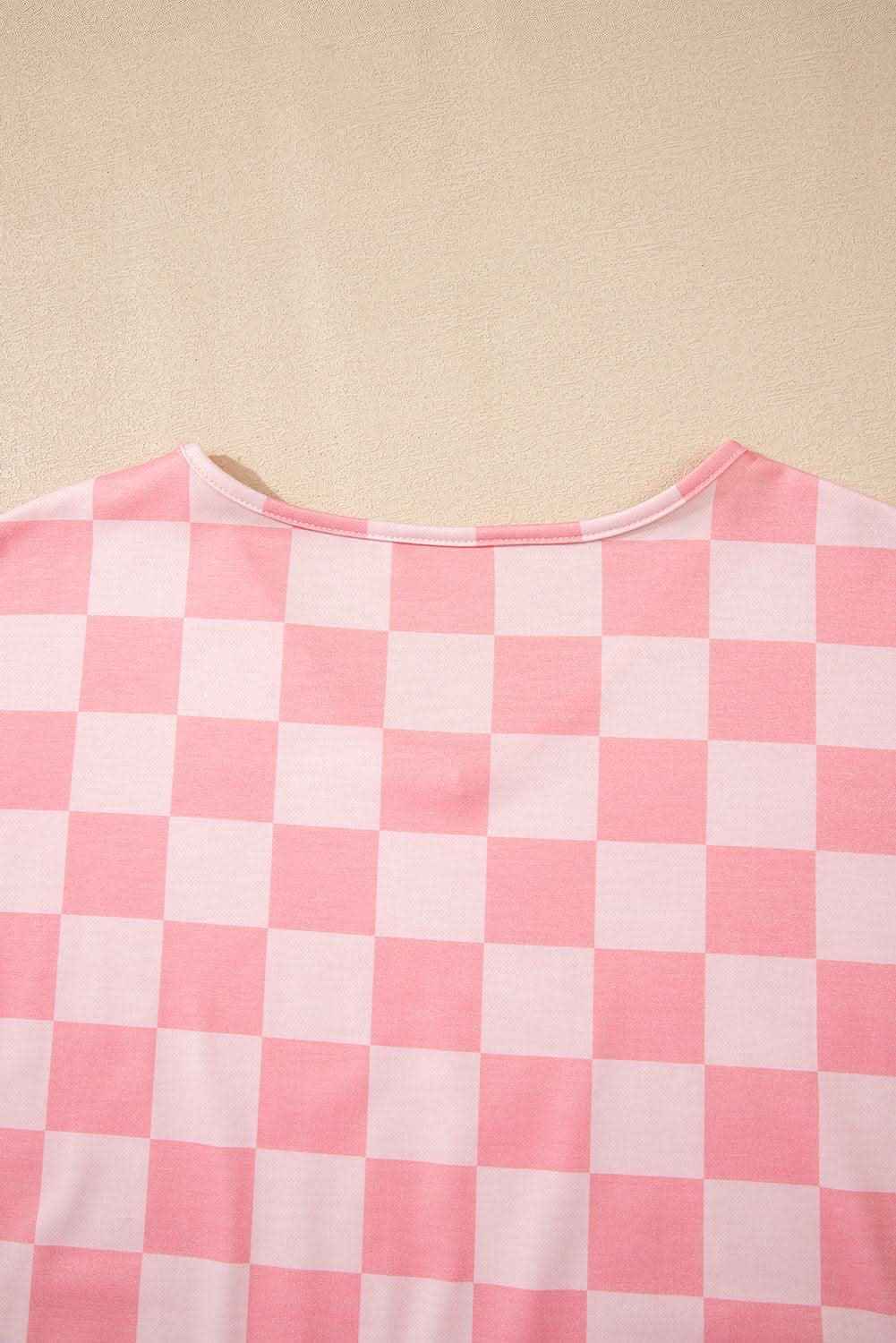 Beige Checkered V Neck Tee Drawstring Shorts Lounge Set