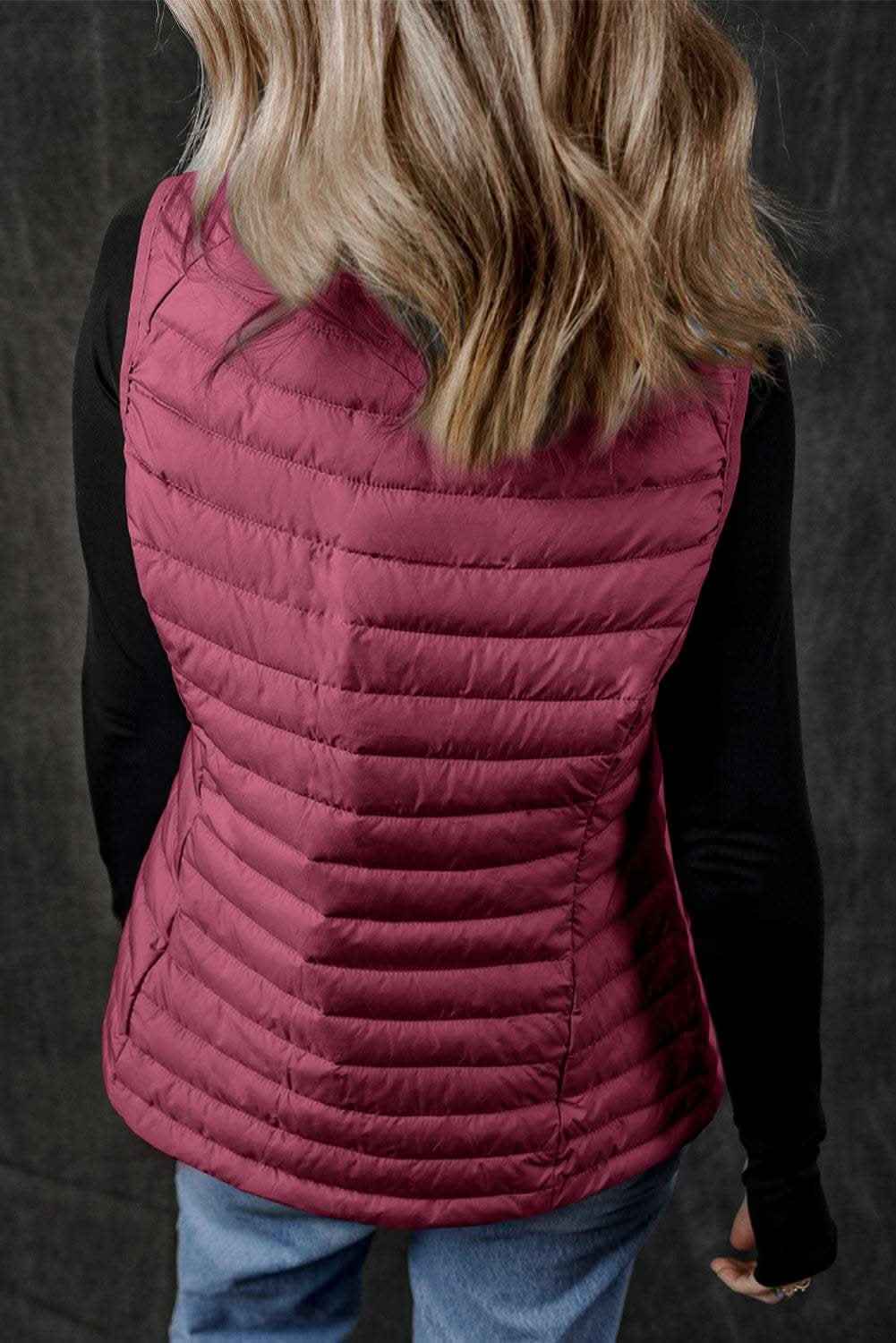 Burgundy Plush Collared Quilted Zipped Puffer Vest