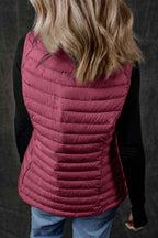 Burgundy Plush Collared Quilted Zipped Puffer Vest