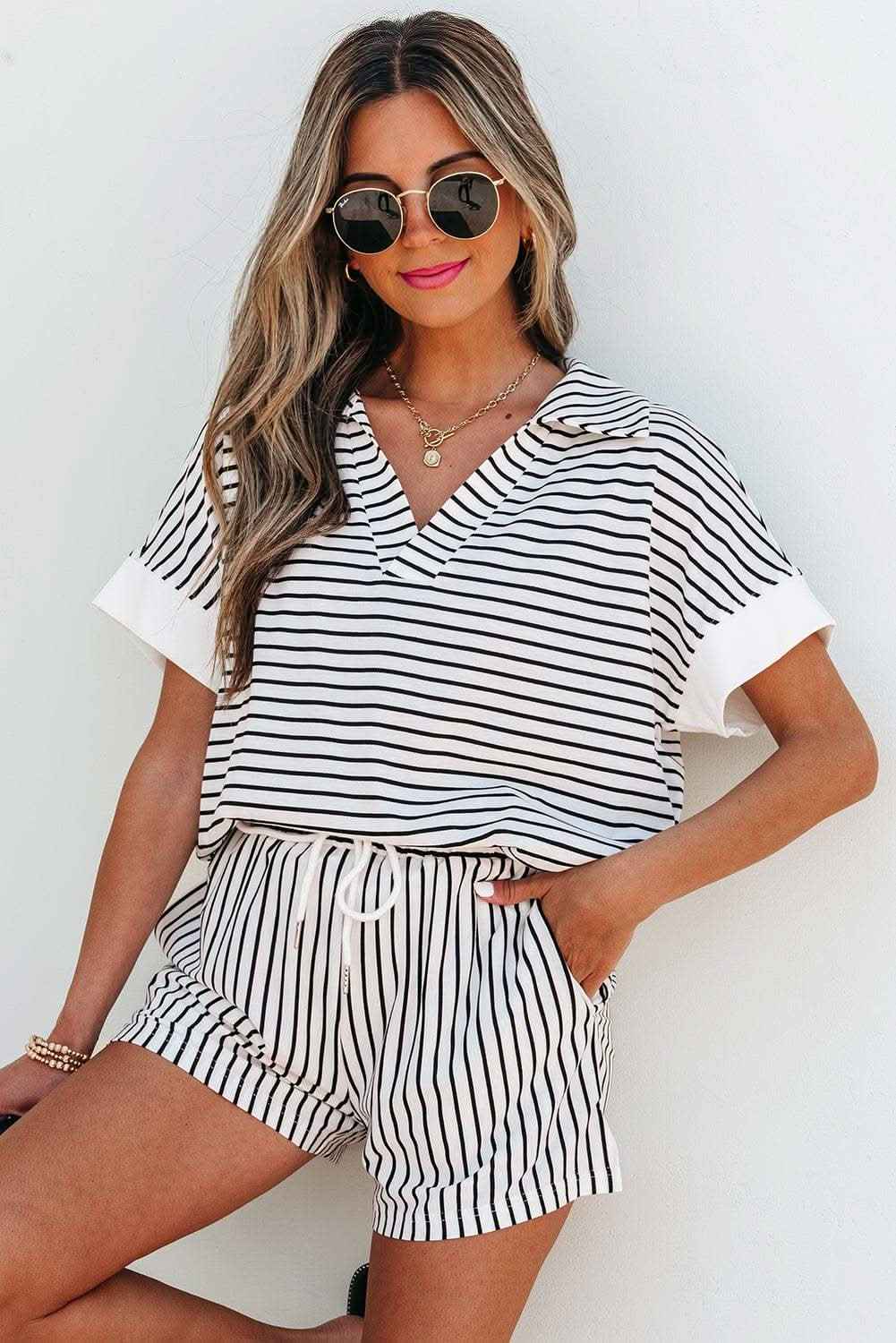 Black Stripe V Neck Tee and Casual Short Set