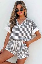 Black Stripe V Neck Tee and Casual Short Set