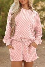 Sky Blue Checkerboard Long Sleeve Pullover and Shorts Set