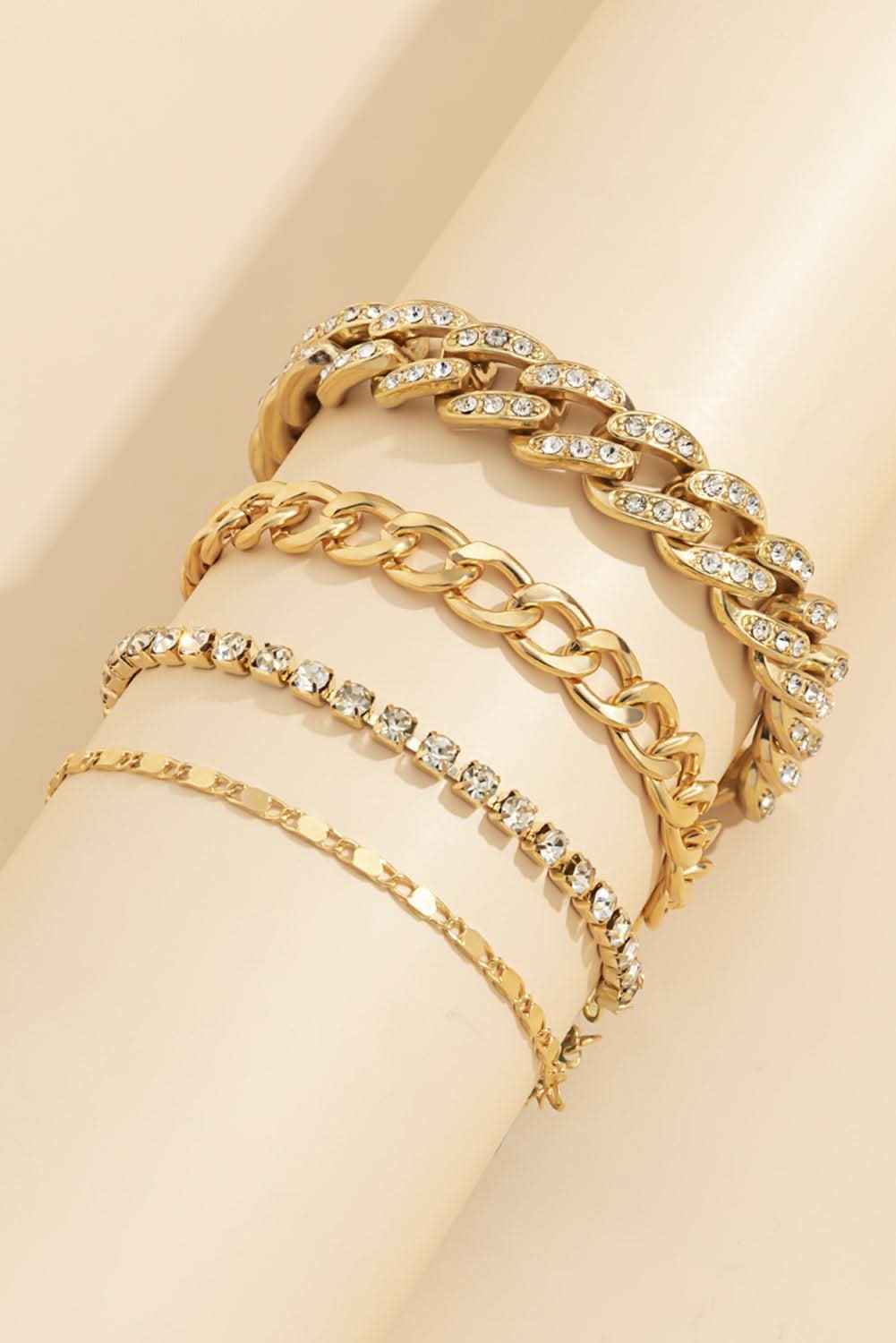 Gold 4pcs Rhinestone Decor Adjustable Chain Plated Bracelet Set