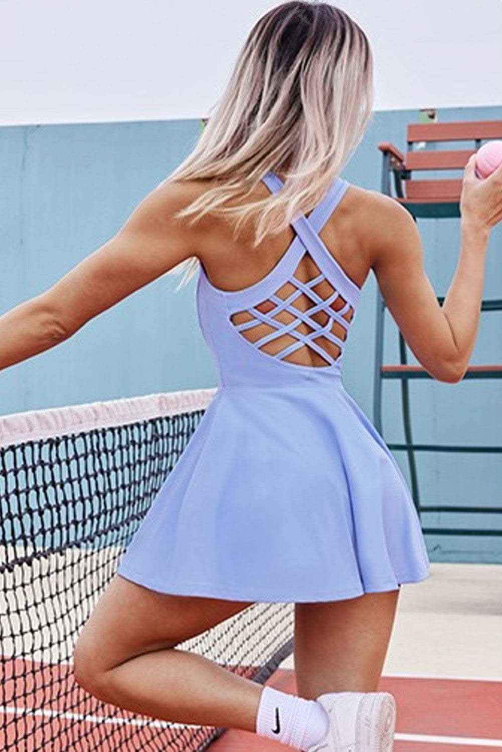 Sky Blue Solid Crisscross Open Back Ruffled Active Dress