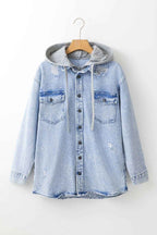 Mist Blue Oversized Contrast Hooded Denim Jacket