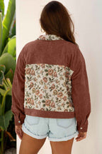 Clay Ribbed Retro Floral Patchwork Shirt Style Jacket