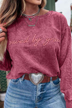 Sea Green saved by grace Letter Embroidery Mineral Wash Loose Sweatshirt