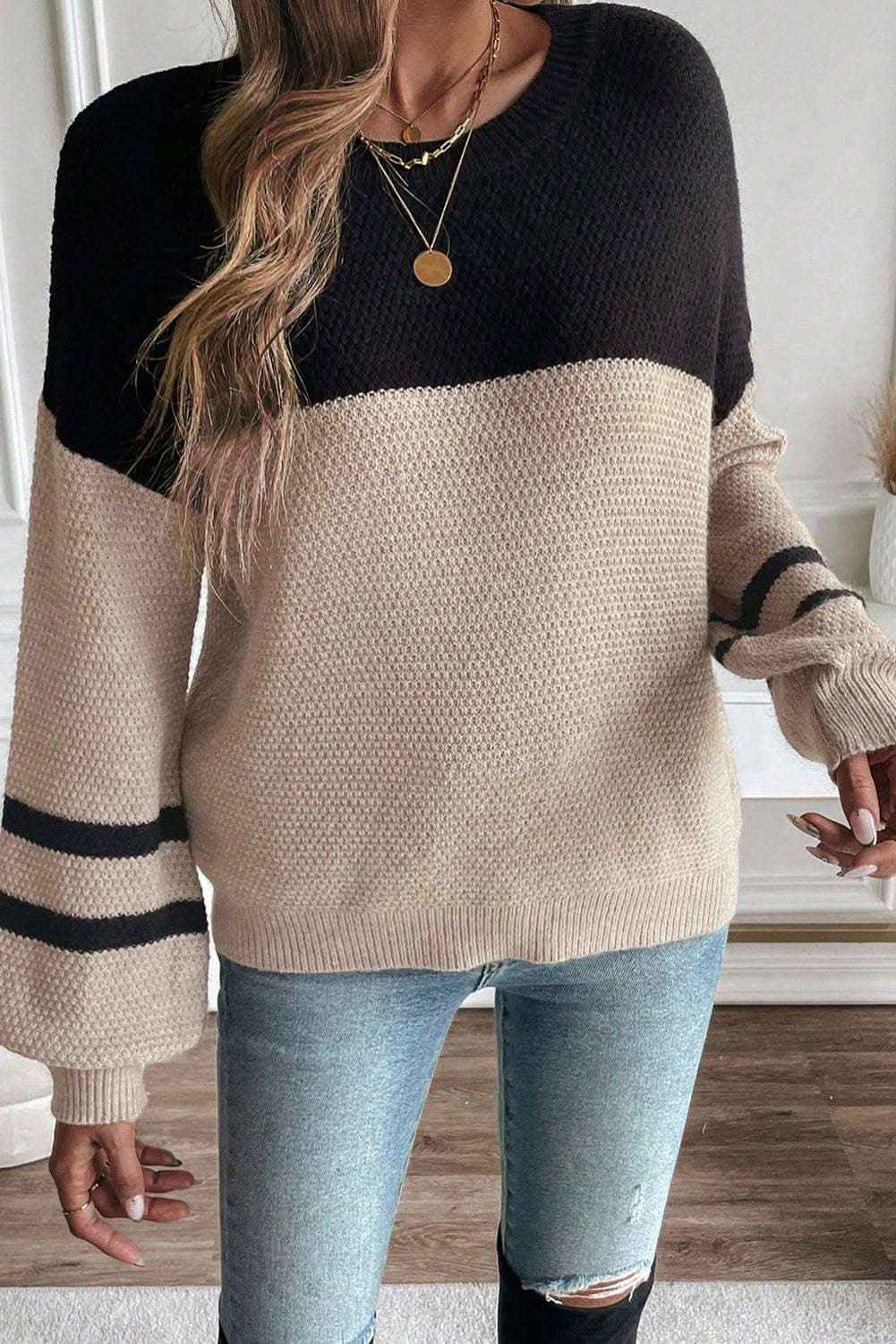 Dark Brown Color Block Knit Striped Sleeve Detail Casual Sweater
