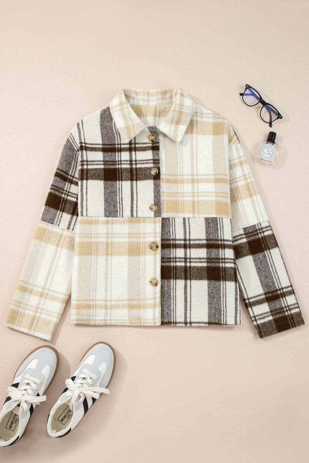 Multicolour Plaid Patchwork Side Pockets Buttoned Shacket