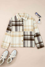 Multicolour Plaid Patchwork Side Pockets Buttoned Shacket