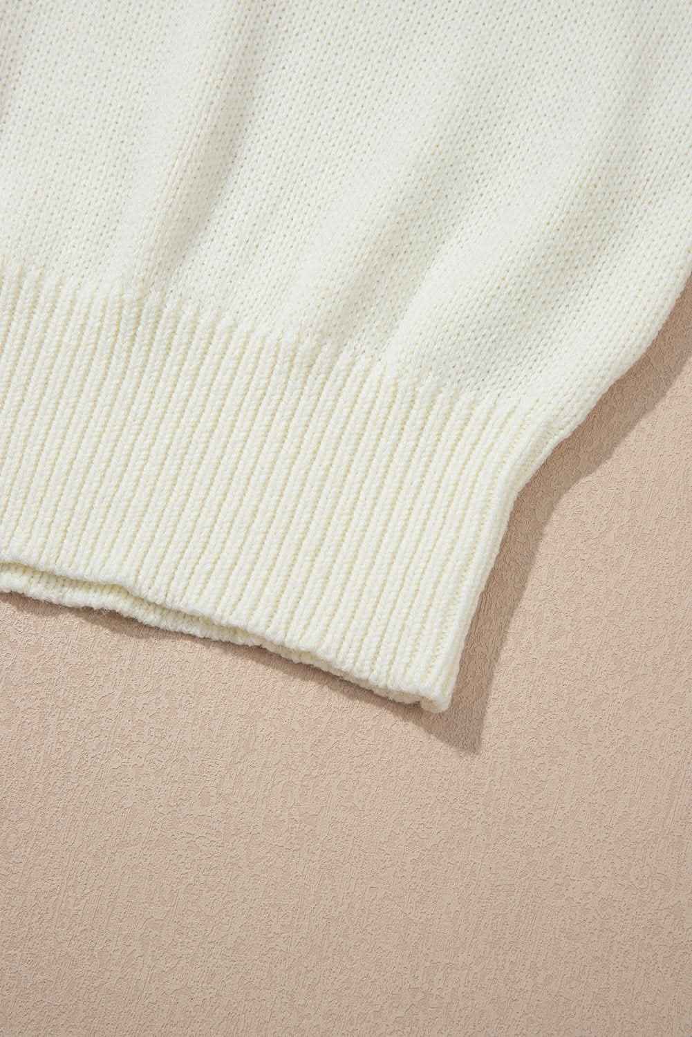 White Flower Detail Round Neck Contrast Textured Puff Sleeve Sweater